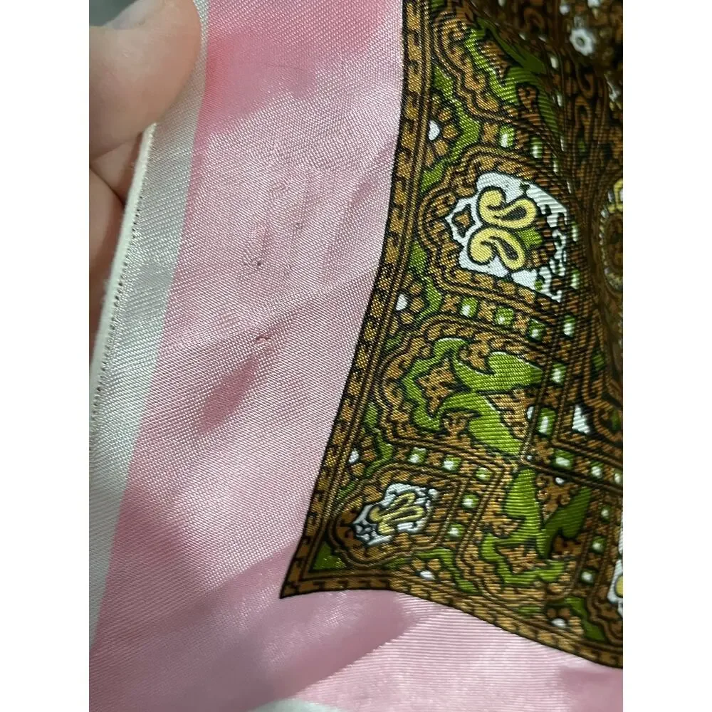 VTG Paisley Scarf Pink Green Boho Cottage Core Poly Satin 26